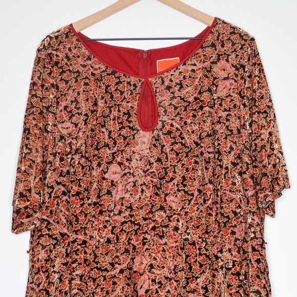 ModCloth Womens Velour Dress Plus Size 4X Red Gold Brown Floral‎ Event Cocktail - Picture 5 of 13